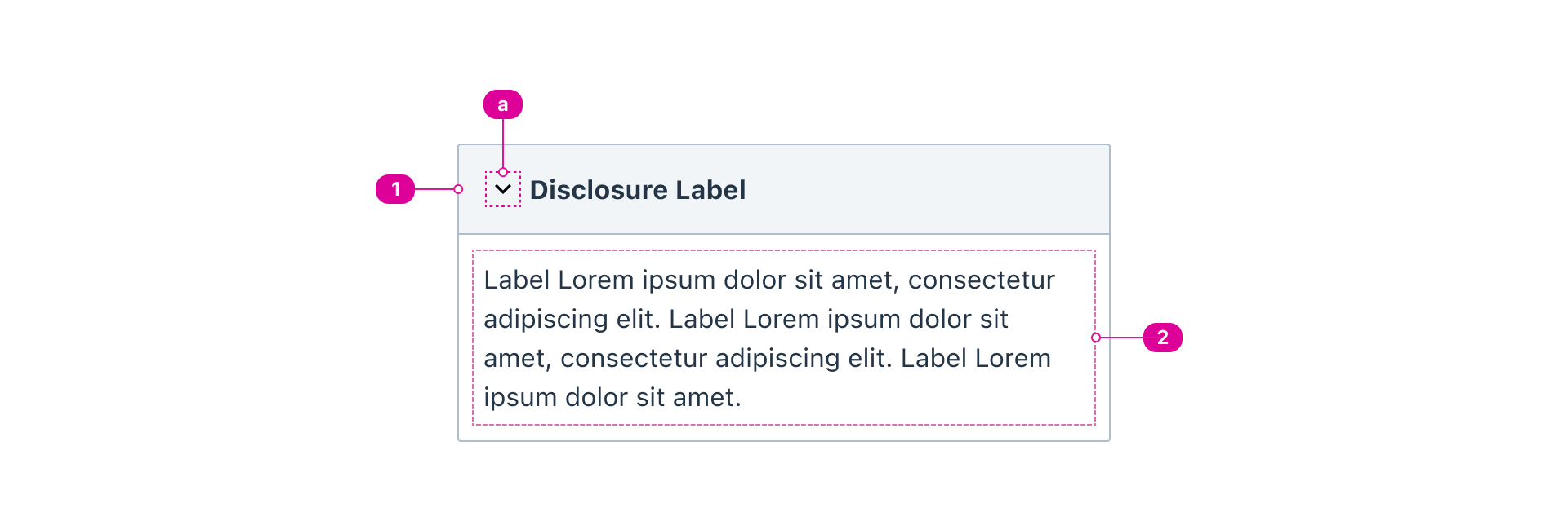 An expanded disclosure with labels pointing to the summary button, a downward facing icon indicating: summary marker, and body text